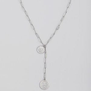 Silver Chain Link Coin Lariat Necklace